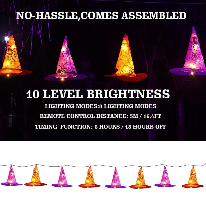 FUNPENY Halloween Decoration Lights, 8 PCS Waterproof Hanging Witch Hat with String Lights with Remote, Hanging Halloween Decorations for Indoor Outdoor Garden Yard Party Decor - Image 2